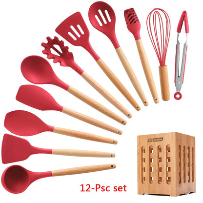 Silicone Cooking Utensils 11/12/13Pcs Kitchen Utensil Set Non-stick Spatula Wooden Handle with Storage Box Kitchen Appliances Dsers