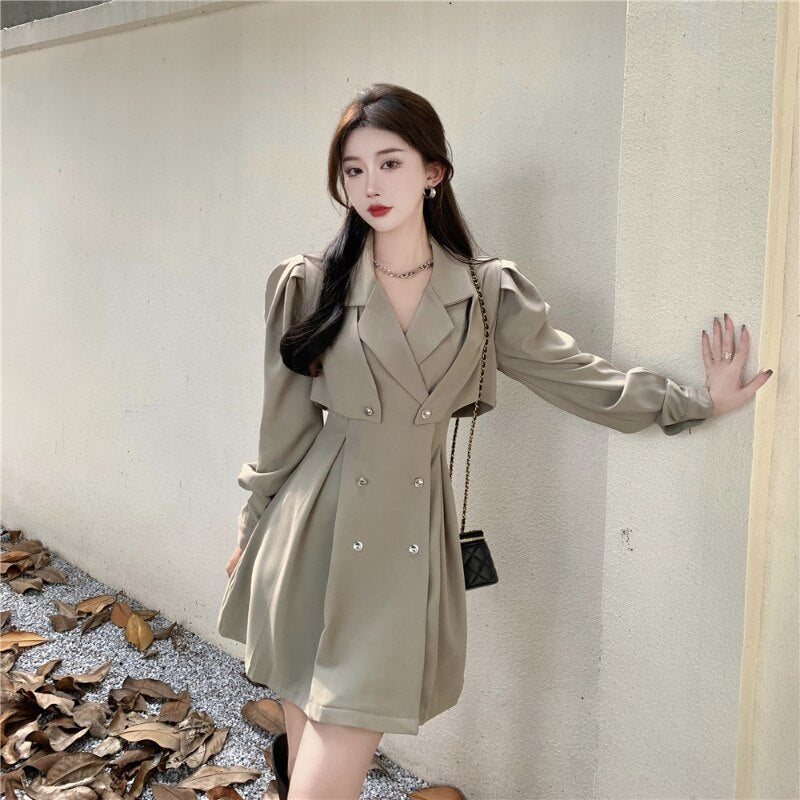 New Lapel Long-sleeved Dress, New Korean Style Shawl, Double-breasted Waist Suit, Thin Skirt Above Knee, Mini  Lantern Sleeve Dsers