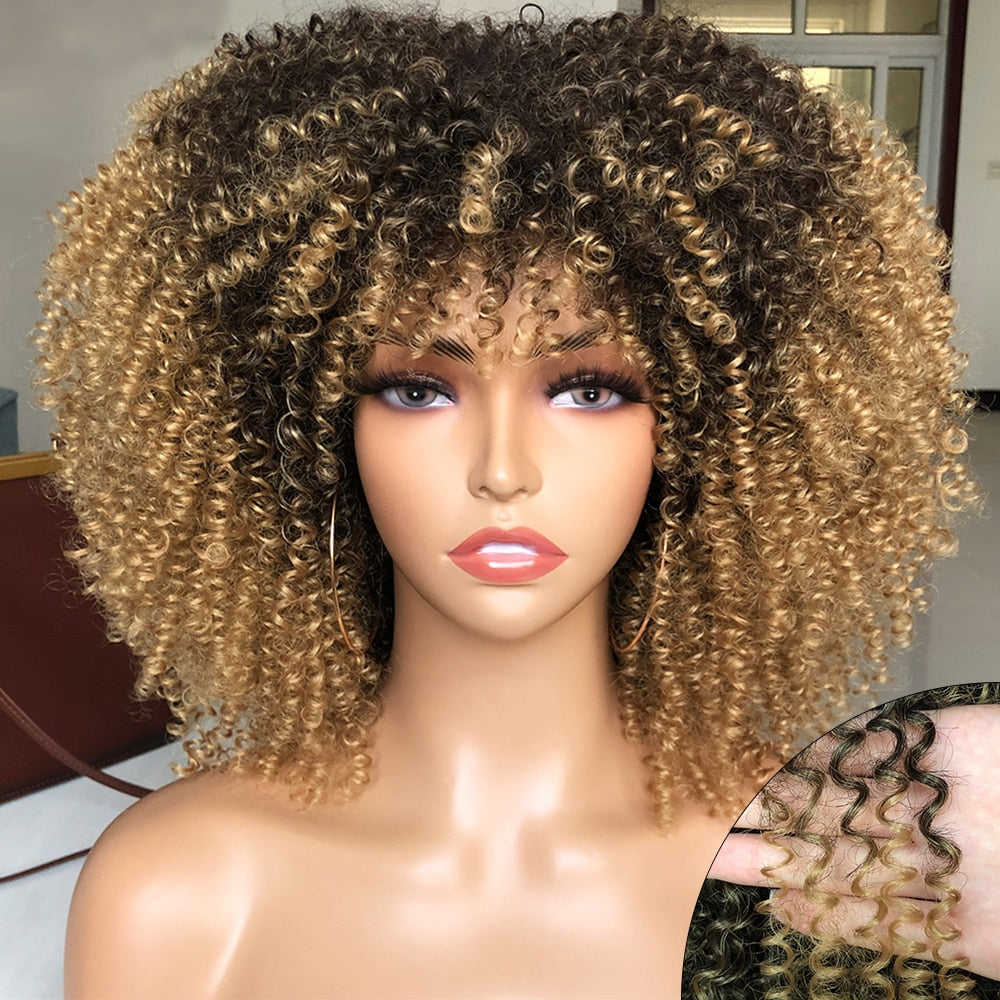 Short Afro Kinky Curly Wig With Bangs For Black Women Cosplay Lolita Natural Hair Ombre Mixed Brown Synthetic African Wigs