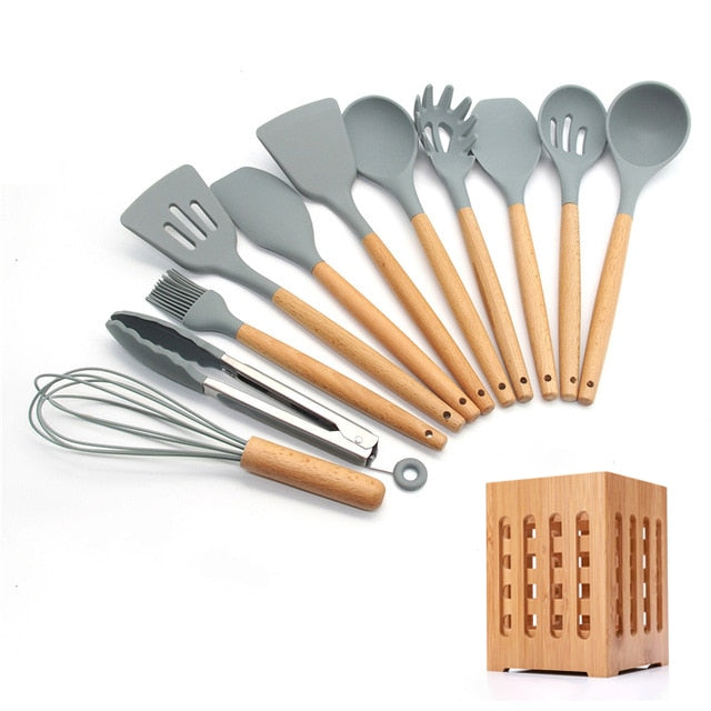 Silicone Cooking Utensils 11/12/13Pcs Kitchen Utensil Set Non-stick Spatula Wooden Handle with Storage Box Kitchen Appliances Dsers