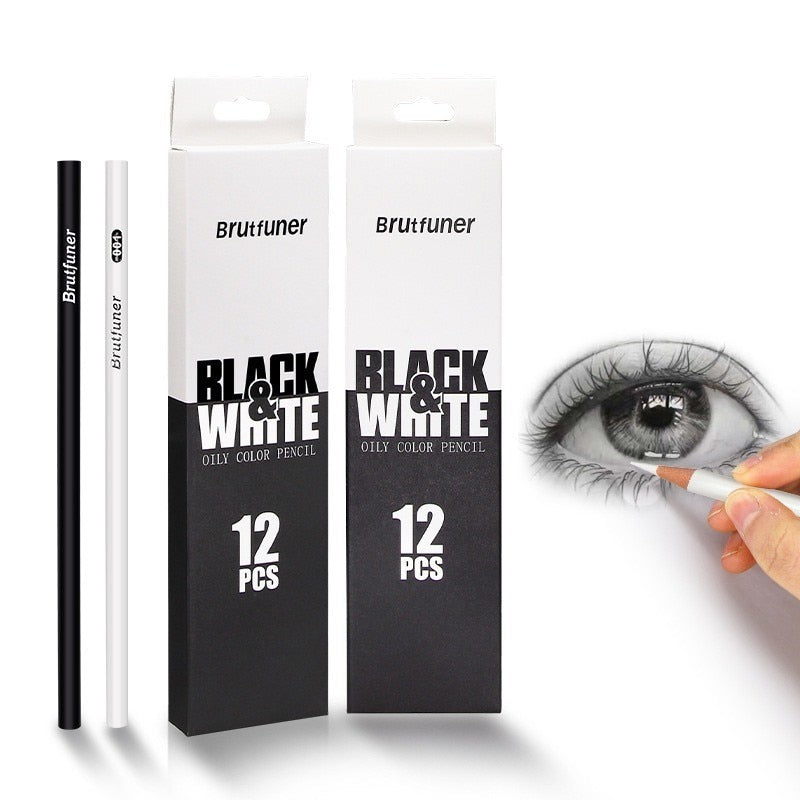 2/12Pcs Black White Color Pencils - Permanent Color Drawing Pencil Oil-based Wooden Colored Pencils for Artist and Beginner Art