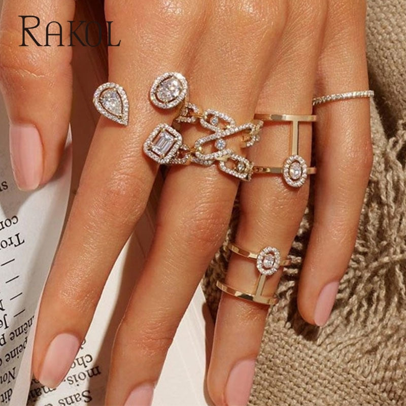 RAKOL Luxury Geometric Cubic Zirconia Open Rings for Women Fashion Anniversary Best Birthday Party Dress Trendy Jewelry Dsers