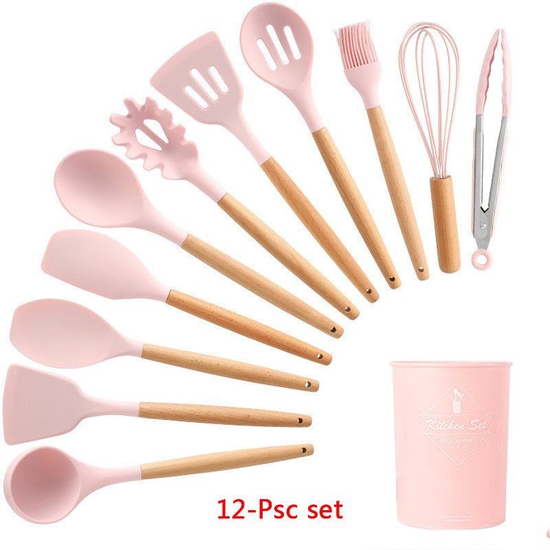 Silicone Cooking Utensils 11/12/13Pcs Kitchen Utensil Set Non-stick Spatula Wooden Handle with Storage Box Kitchen Appliances Dsers