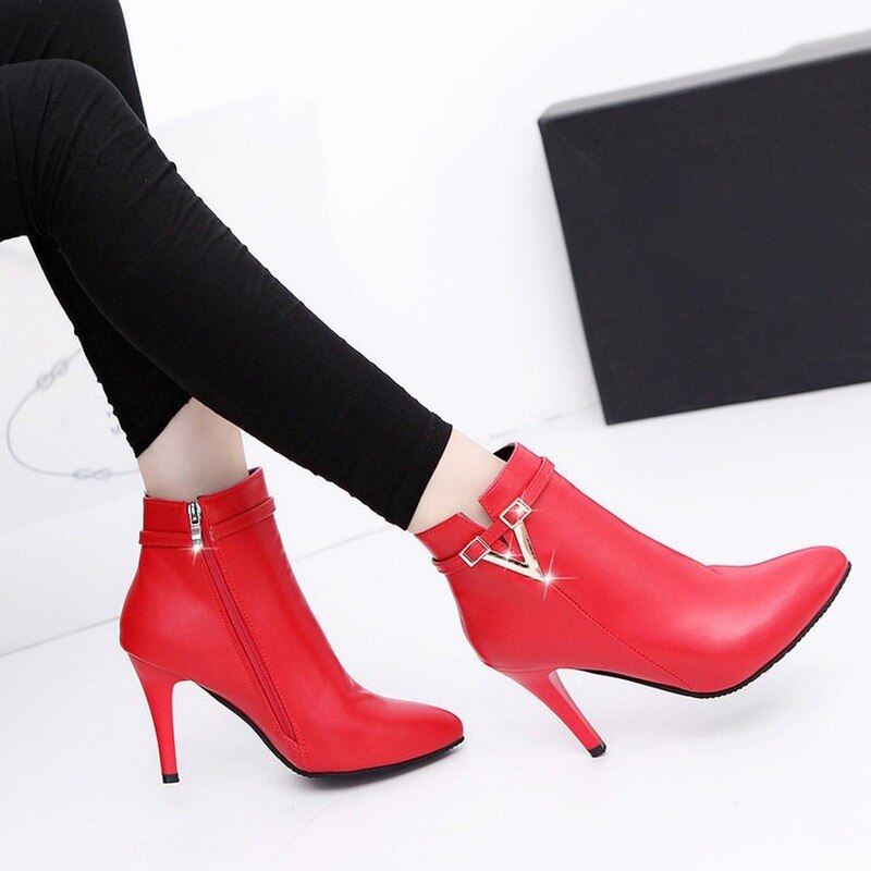 Women Autumn Sexy Pointed Toe Zipper Pointed Toe Faux Leather Boots Stiletto Thin Heel Ankle Boots Dsers