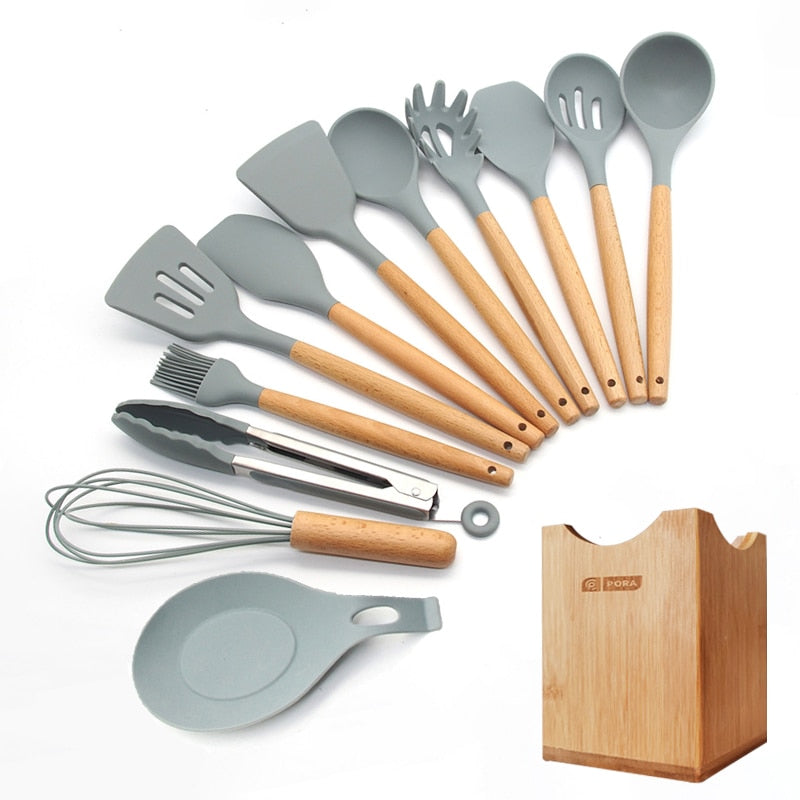 Silicone Cooking Utensils 11/12/13Pcs Kitchen Utensil Set Non-stick Spatula Wooden Handle with Storage Box Kitchen Appliances Dsers