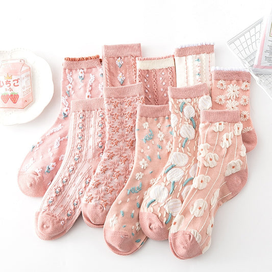 5 Pairs/ Lot Woman Socks Harajuku Retro Embroidery Spring Kawaii Cute Socks Lolita Socks Lace Flower Crew Socks Christmas Gift