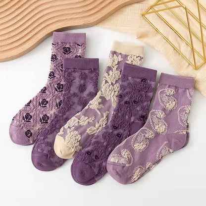 5 Pairs/ Lot Woman Socks Harajuku Retro Embroidery Spring Kawaii Cute Socks Lolita Socks Lace Flower Crew Socks Christmas Gift