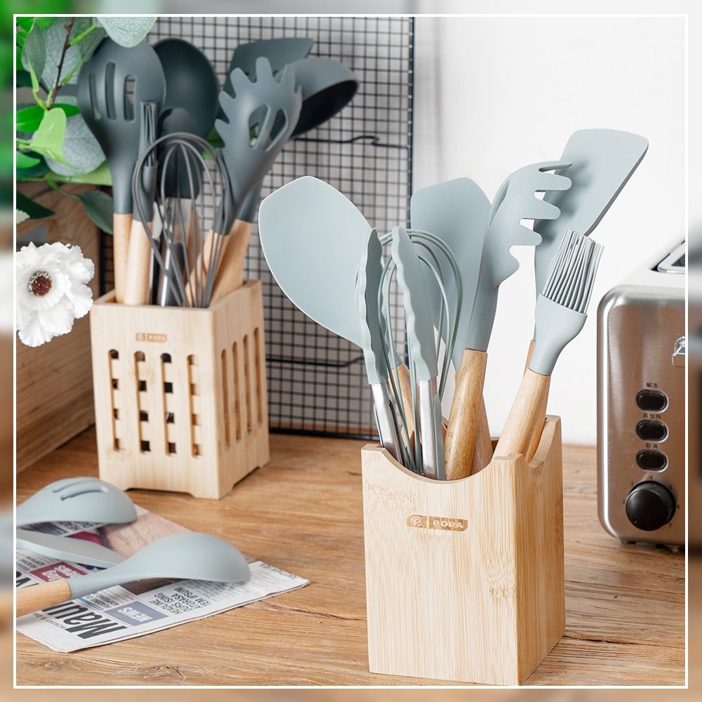 Silicone Cooking Utensils 11/12/13Pcs Kitchen Utensil Set Non-stick Spatula Wooden Handle with Storage Box Kitchen Appliances Dsers