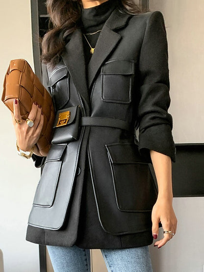 TWOTWINSTYLE Streetwear Patchwork Pu Blazers For Women Notched Collar Long Sleeve Single Breasted Coat Female Autumn Fashion New Dsers