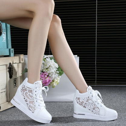 Summer Women Lace Casual Shoes Woman Breathable Mesh Sneakers Flats Lace Loafers High Heels Platform Wedges Ladies Creepers Dsers