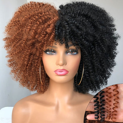 Short Afro Kinky Curly Wig With Bangs For Black Women Cosplay Lolita Natural Hair Ombre Mixed Brown Synthetic African Wigs