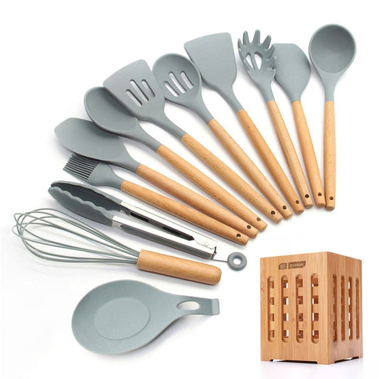 Silicone Cooking Utensils 11/12/13Pcs Kitchen Utensil Set Non-stick Spatula Wooden Handle with Storage Box Kitchen Appliances Dsers