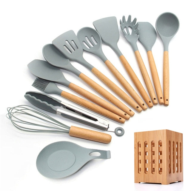 Silicone Cooking Utensils 11/12/13Pcs Kitchen Utensil Set Non-stick Spatula Wooden Handle with Storage Box Kitchen Appliances Dsers