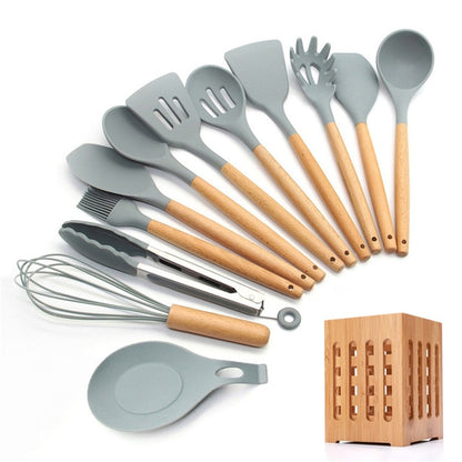 Silicone Cooking Utensils 11/12/13Pcs Kitchen Utensil Set Non-stick Spatula Wooden Handle with Storage Box Kitchen Appliances Dsers