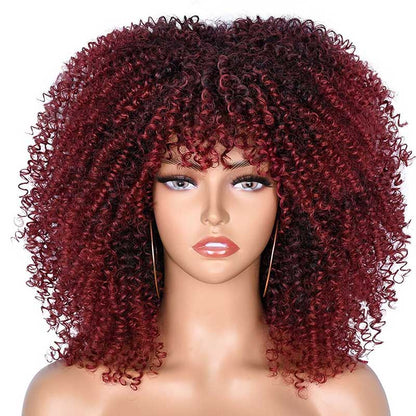 Short Afro Kinky Curly Wig With Bangs For Black Women Cosplay Lolita Natural Hair Ombre Mixed Brown Synthetic African Wigs