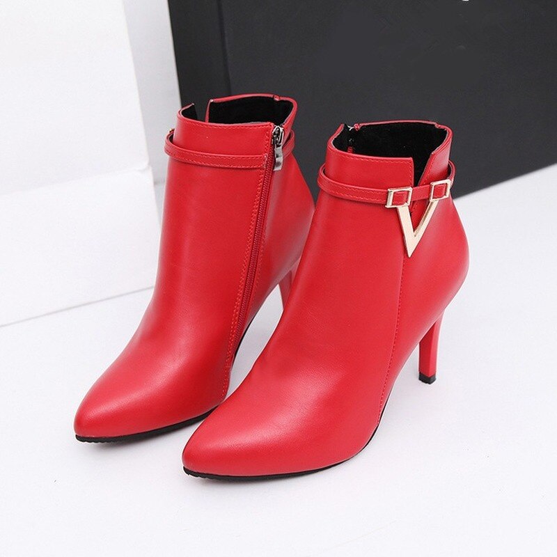 Women Autumn Sexy Pointed Toe Zipper Pointed Toe Faux Leather Boots Stiletto Thin Heel Ankle Boots Dsers