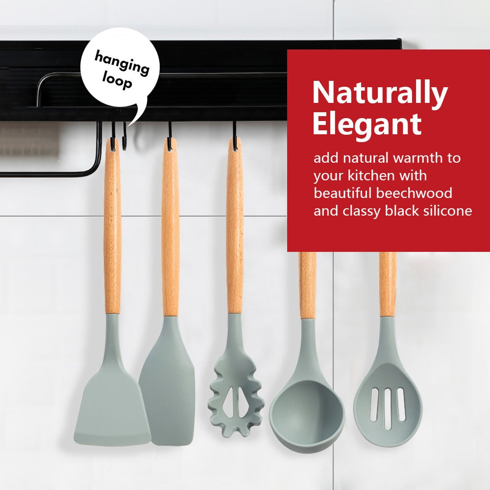 Silicone Cooking Utensils 11/12/13Pcs Kitchen Utensil Set Non-stick Spatula Wooden Handle with Storage Box Kitchen Appliances Dsers