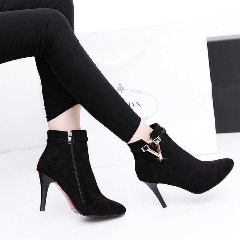 Women Autumn Sexy Pointed Toe Zipper Pointed Toe Faux Leather Boots Stiletto Thin Heel Ankle Boots Dsers