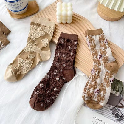 5 Pairs/ Lot Woman Socks Harajuku Retro Embroidery Spring Kawaii Cute Socks Lolita Socks Lace Flower Crew Socks Christmas Gift