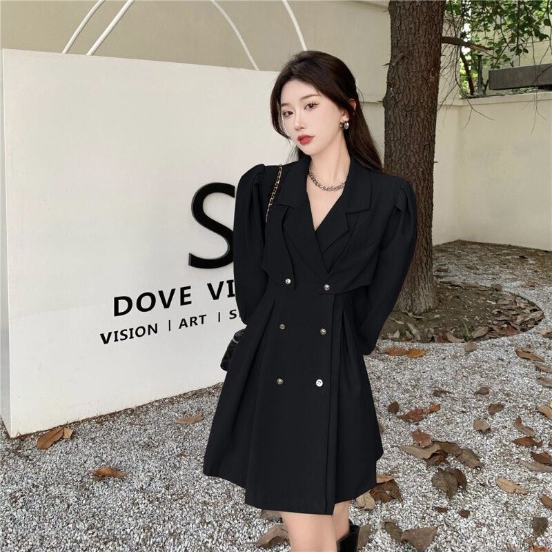 New Lapel Long-sleeved Dress, New Korean Style Shawl, Double-breasted Waist Suit, Thin Skirt Above Knee, Mini  Lantern Sleeve Dsers