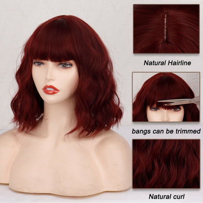 Short Bob Synthetic Wigs for Women Short Wavy Wigs with Bangs Wavy Bob Wig Wine Red Wig Heat Resistant Fiber Cosplay hair