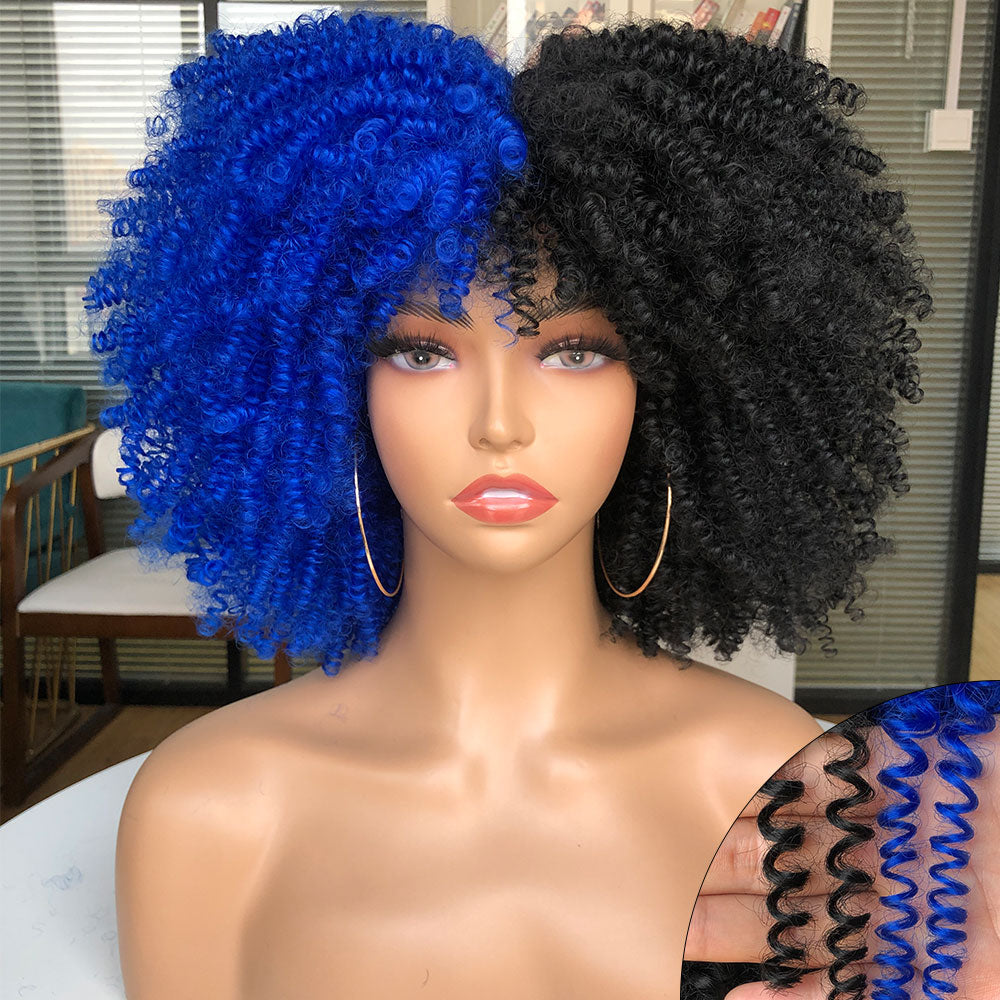 Short Afro Kinky Curly Wig With Bangs For Black Women Cosplay Lolita Natural Hair Ombre Mixed Brown Synthetic African Wigs