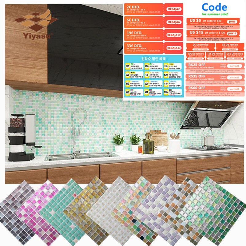 Mosaic Wall Tile Peel and Stick  Self adhesive Backsplash DIY Kitchen Bathroom Home Wall Sticker Vinyl 3D Dsers