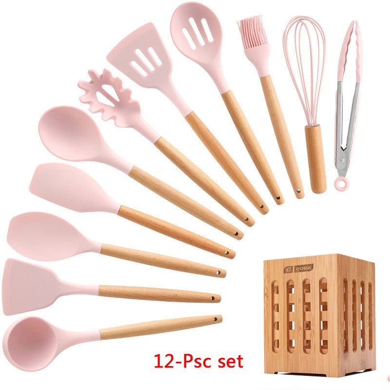 Silicone Cooking Utensils 11/12/13Pcs Kitchen Utensil Set Non-stick Spatula Wooden Handle with Storage Box Kitchen Appliances Dsers