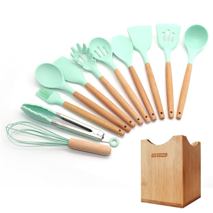 Silicone Cooking Utensils 11/12/13Pcs Kitchen Utensil Set Non-stick Spatula Wooden Handle with Storage Box Kitchen Appliances Dsers