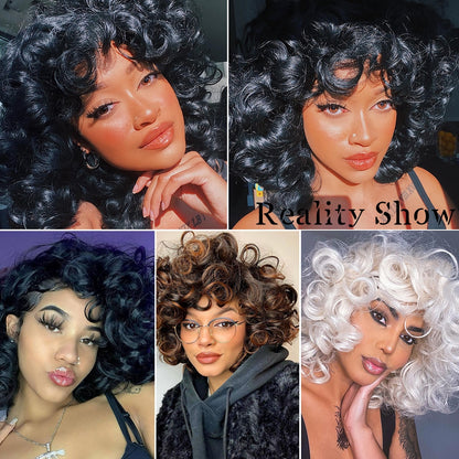 Short Hair Afro Curly Wig With Bangs For Black Women Synthetic Ombre Glueless Cosplay Wigs High Temperature Annivia