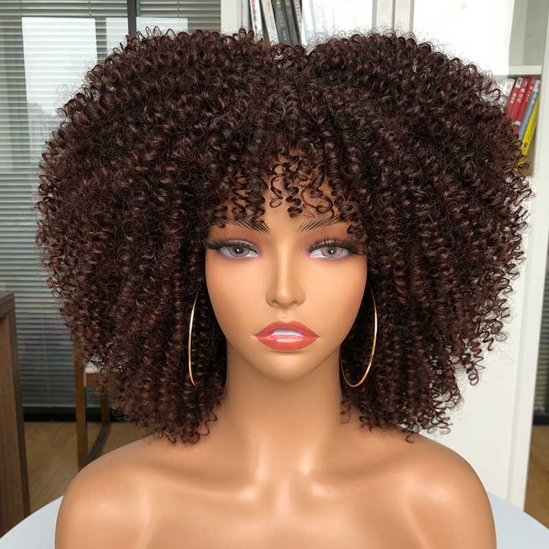 Short Afro Kinky Curly Wig With Bangs For Black Women Cosplay Lolita Natural Hair Ombre Mixed Brown Synthetic African Wigs