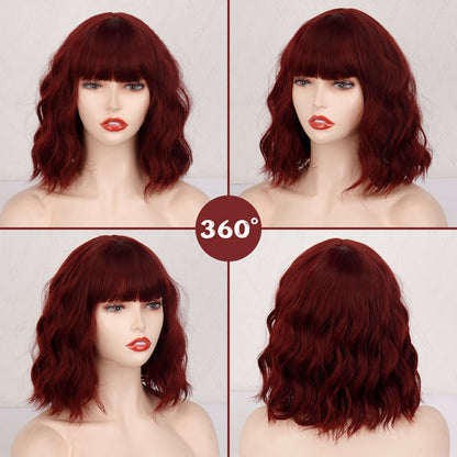 Short Bob Synthetic Wigs for Women Short Wavy Wigs with Bangs Wavy Bob Wig Wine Red Wig Heat Resistant Fiber Cosplay hair