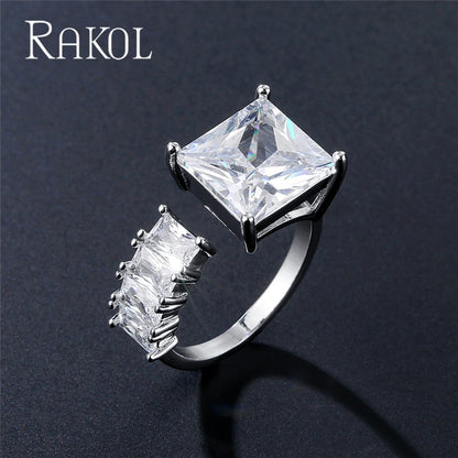 RAKOL Luxury Geometric Cubic Zirconia Open Rings for Women Fashion Anniversary Best Birthday Party Dress Trendy Jewelry Dsers