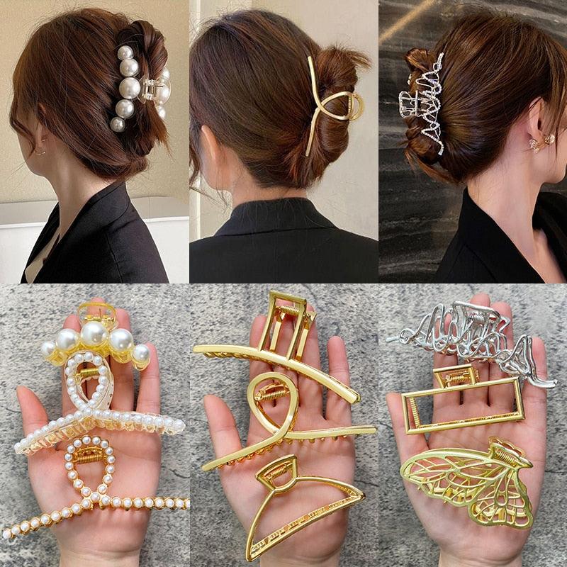 Pearl Hair Claw Set Clip for Women Gold Color Hairpins Metal Hair Accessories Geometric Hollow Pincer Barrette Crystal Clip Big Dsers