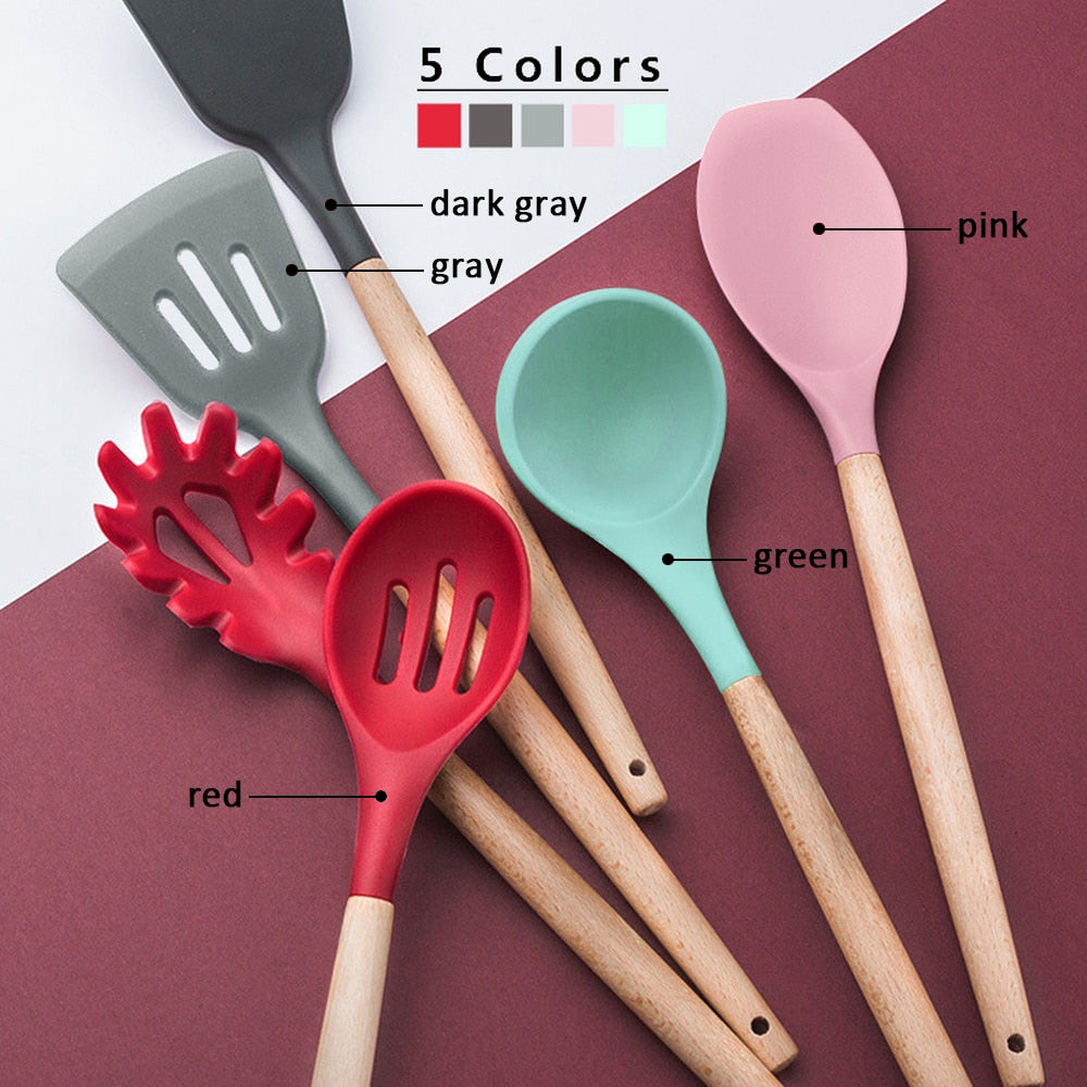 Silicone Cooking Utensils 11/12/13Pcs Kitchen Utensil Set Non-stick Spatula Wooden Handle with Storage Box Kitchen Appliances Dsers