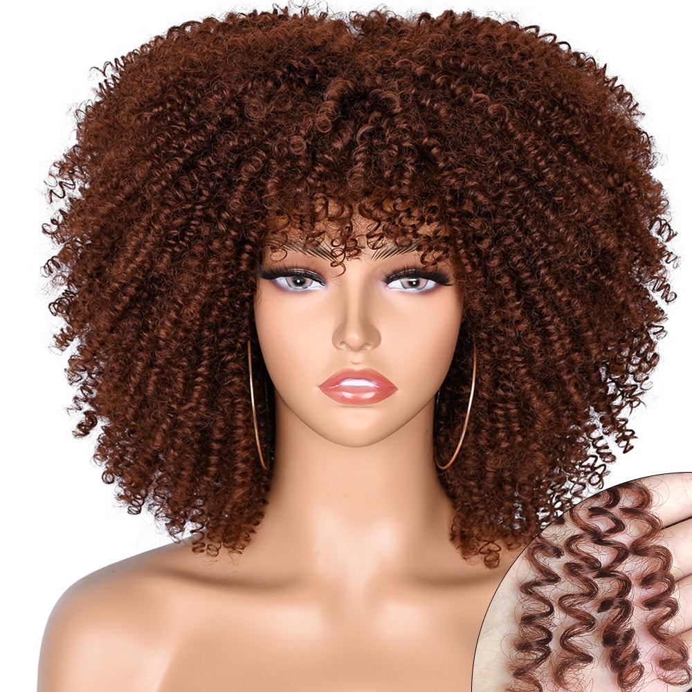 Short Afro Kinky Curly Wig With Bangs For Black Women Cosplay Lolita Natural Hair Ombre Mixed Brown Synthetic African Wigs