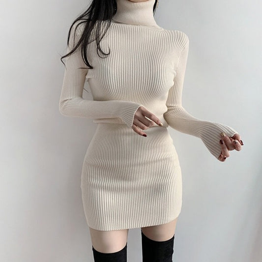 Spring Fashion Cute Slim Party Dress SML Long Sleeve 2 Colors Turtleneck Woman Knitted Dress Skinny Sheath Dress Vintage Dress