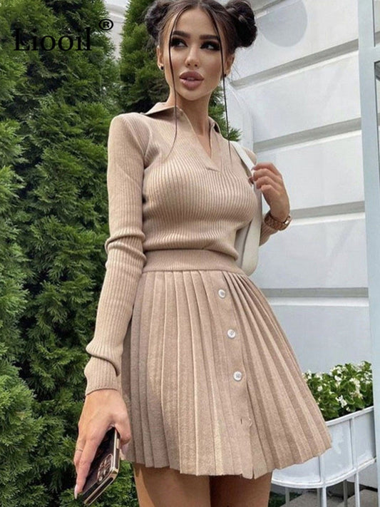 Two Piece Sweater Outfits Set Women Knitted Tops And Pleated Mini Skirts Long Sleeve V Neck Button Up Streetwear Sexy Skirt Sets