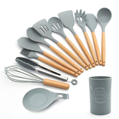 Silicone Cooking Utensils 11/12/13Pcs Kitchen Utensil Set Non-stick Spatula Wooden Handle with Storage Box Kitchen Appliances Dsers