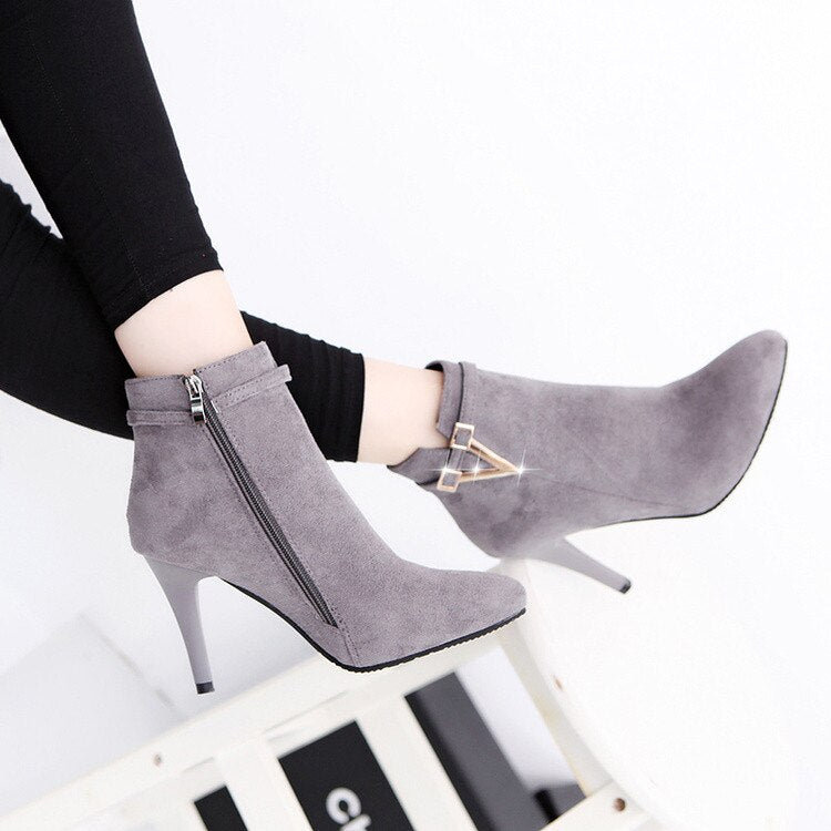 Women Autumn Sexy Pointed Toe Zipper Pointed Toe Faux Leather Boots Stiletto Thin Heel Ankle Boots Dsers