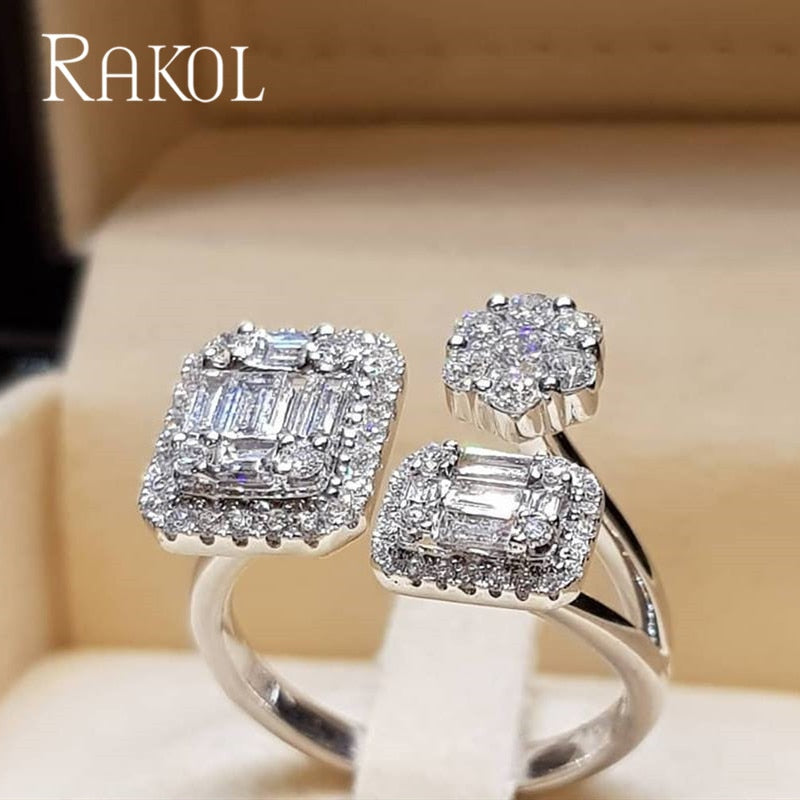 RAKOL Luxury Geometric Cubic Zirconia Open Rings for Women Fashion Anniversary Best Birthday Party Dress Trendy Jewelry Dsers