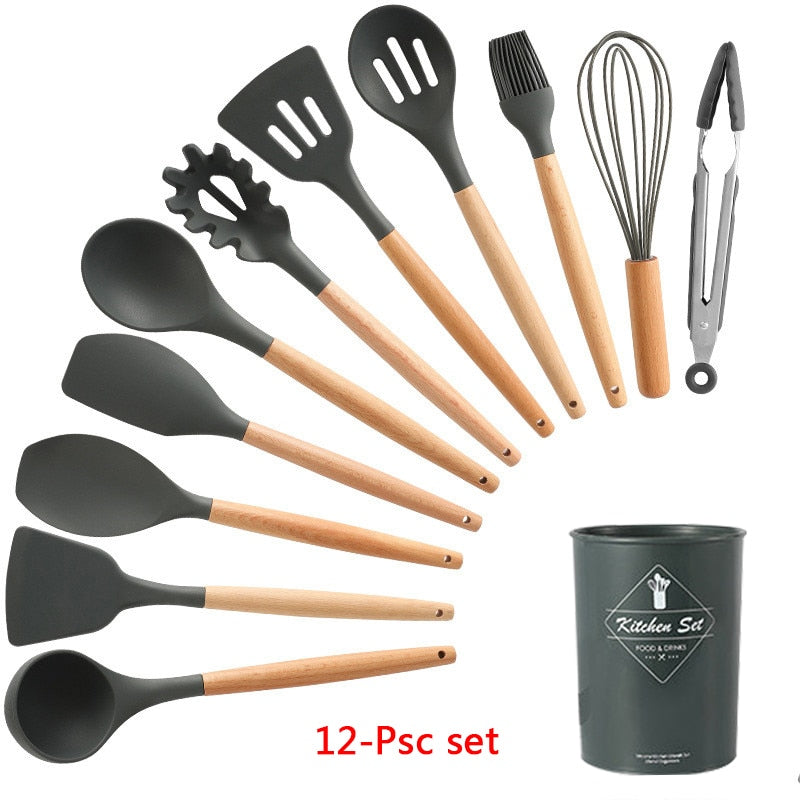 Silicone Cooking Utensils 11/12/13Pcs Kitchen Utensil Set Non-stick Spatula Wooden Handle with Storage Box Kitchen Appliances Dsers