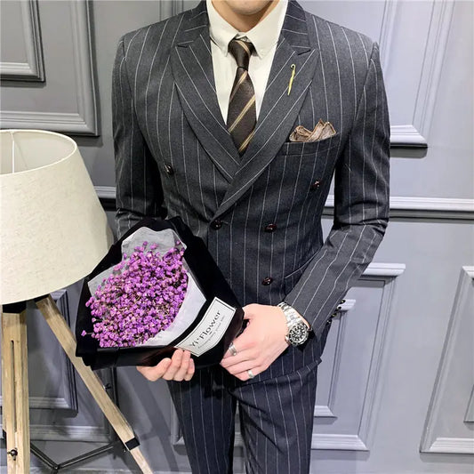 Suit set men's slim three-piece trend striped small suit fashion slim young men's dress DropShipMan