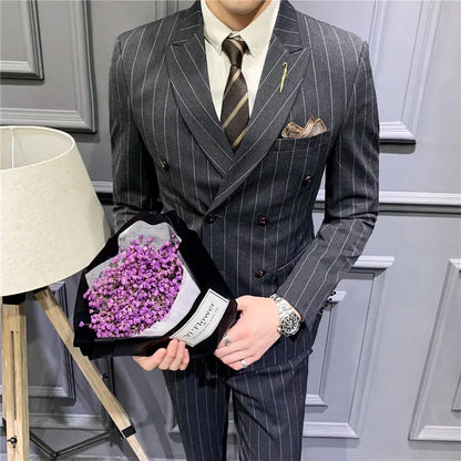 Suit set men's slim three-piece trend striped small suit fashion slim young men's dress DropShipMan