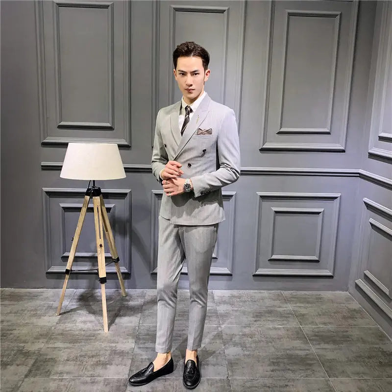 Suit set men's slim three-piece trend striped small suit fashion slim young men's dress DropShipMan