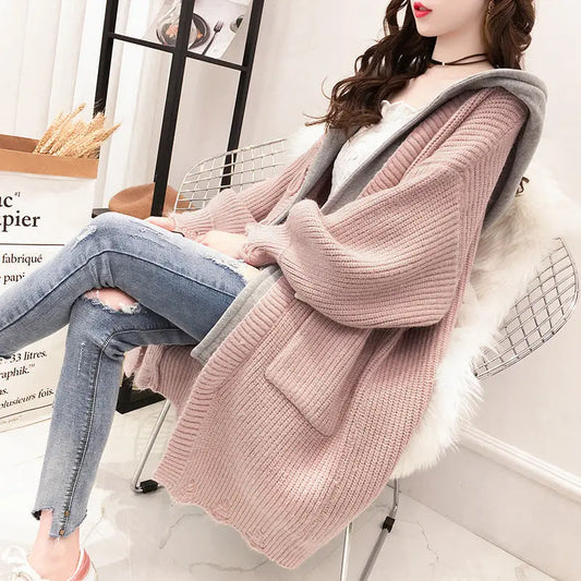 Women's jacket 2020 new autumn and winter knit cardigan Korean version of the long hooded wild thickened loose sweater female DropShipMan