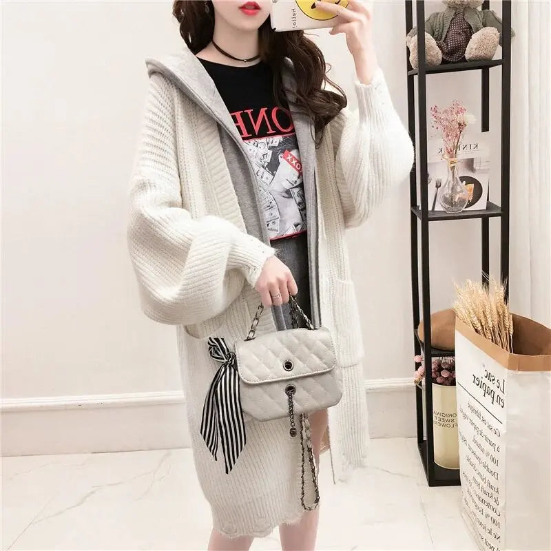 Women's jacket 2020 new autumn and winter knit cardigan Korean version of the long hooded wild thickened loose sweater female DropShipMan