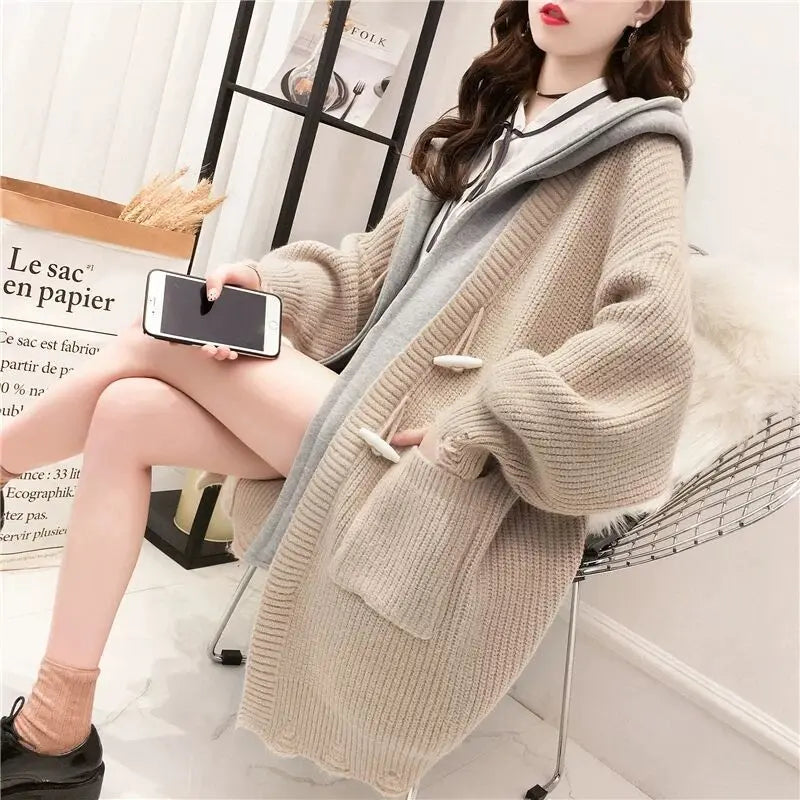 Women's jacket 2020 new autumn and winter knit cardigan Korean version of the long hooded wild thickened loose sweater female DropShipMan