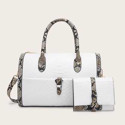 Retro Snakeskin Print Barrel Bag Set Kiwidrop