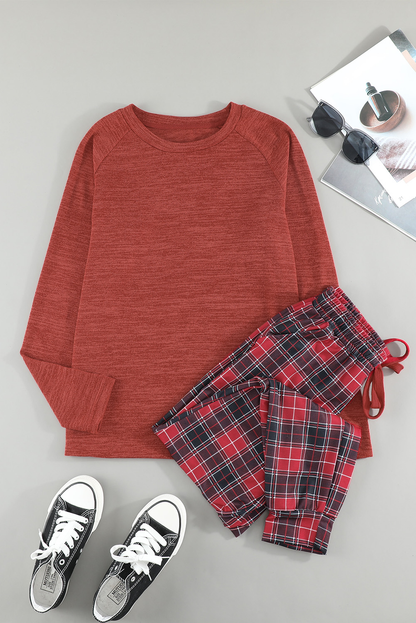 Solid Long Sleeve Top And Plaid Pants Loungewear Kiwidrop